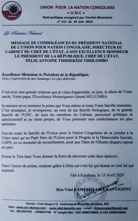 Rdc Unc Message De Condoleances Du President National De Lunion