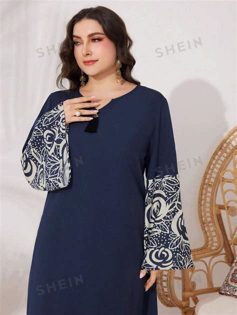 SHEIN Najma Plus Size Women S Flower Print Bell Sleeve Arabic Maxi