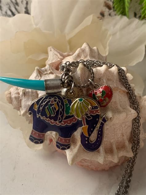 Vintage Elephant Necklace Cloisonné Necklace Multi Gem