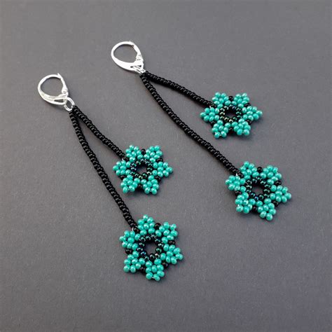 Turquoise Seed Bead Flower Earrings Floral Beadwoven Boho Earrings Mexican Huichol Bead