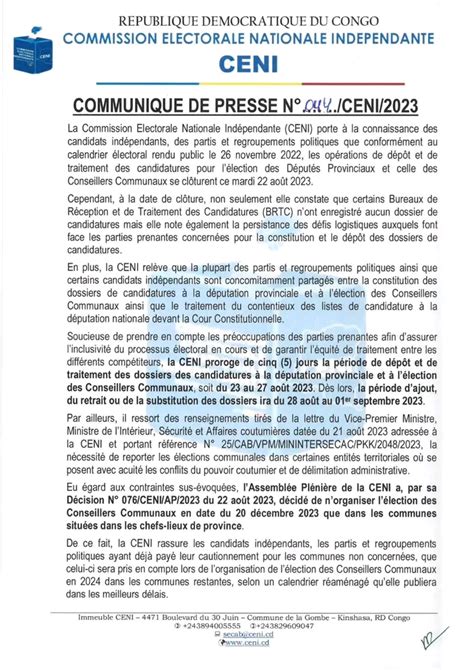 RDC Processus électoral La CENI proroge à 5 jours le dépôt des