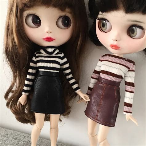 Blyth Roupas De Boneca Camisa De Manga Longa Listrada Saia De Couro Pu