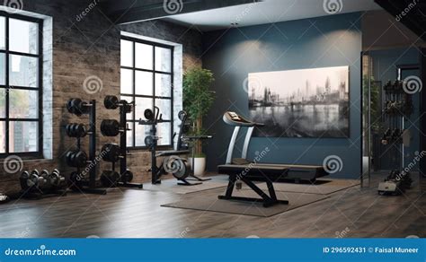 A Home Gym with Exercise Equipment and Motivational Wall Art Stock ...