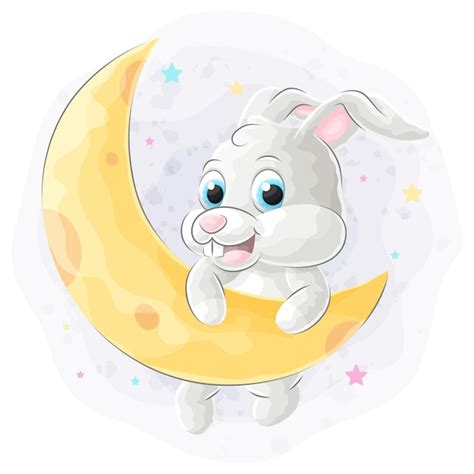 Premium Vector Cute Doodle Bunny On The Moon With Watercolor Illustration