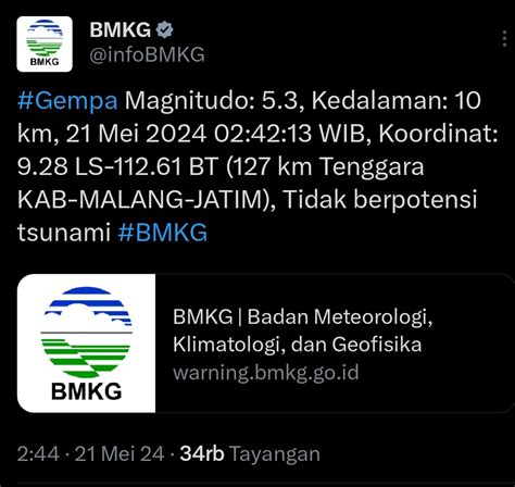 Gempa Magnitudo Guncang Malang Tidak Berpotensi Tsunami