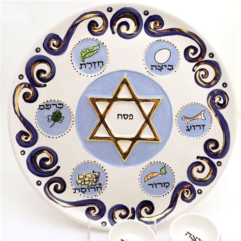 Seder Plate With Blue Scrollwork And 22k Gold Passover Seder Plate Seder Passover Haggadah