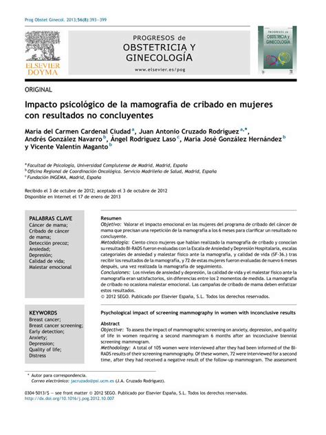 Pdf Impacto Psicol Gico De La Mamograf A De Cribado En Mujeres Con