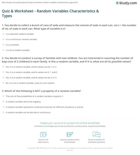 Quiz Worksheet Random Variables Characteristics Types Study