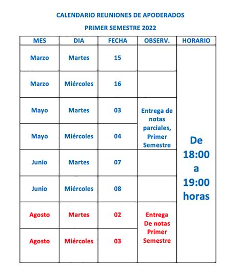 Calendario Reuniones De Apoderados Primer Semestre Colegio El Prado