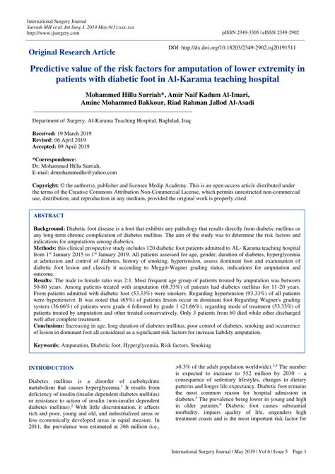 Pdf Predictive Value Of The Risk Factors For Amputation Of Lower Extremity In Patients With