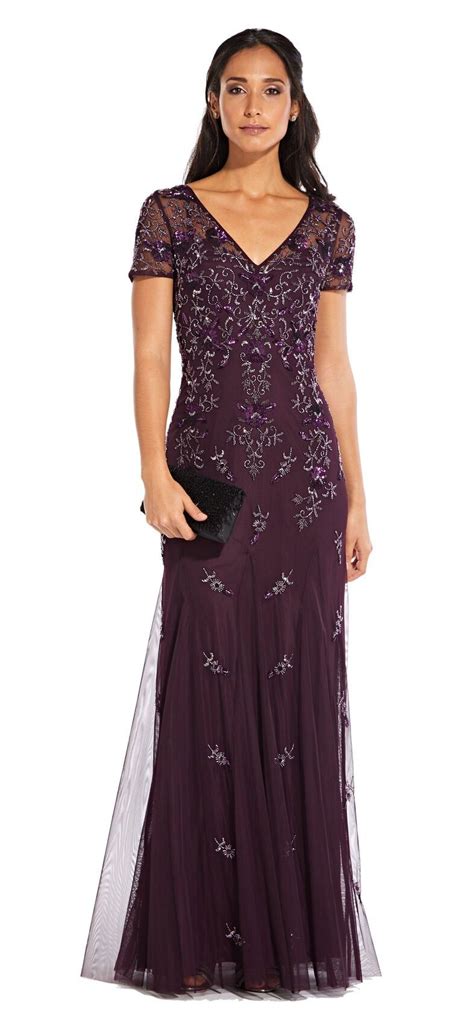 Floral Beaded Godet Gown With Sheer Short Sleeves Dresses Gowns Fashion