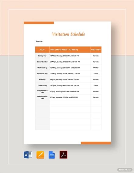 Visitation Schedule Template 15 Word Excel Pdf Format Download