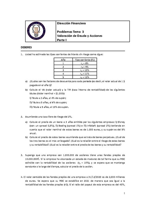 Ejercicios Deberes TEMA 3 Parte I Dirección Financiera Problemas Tema