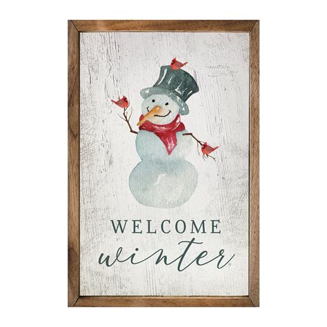 Welcome Winter With Snowman And Cardinals Wood Framed Sign Country