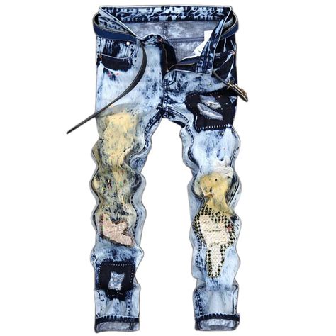 New Mens Ripped Patchwork Jeans Hole Fashion Male Blue Denim Pants