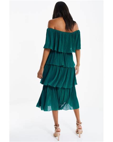 Quiz Bardot Pleated Tiered Midi Dress In Green Lyst