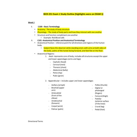 BIOS 251 Week 3 Exam 1 Study Outline Course Resources