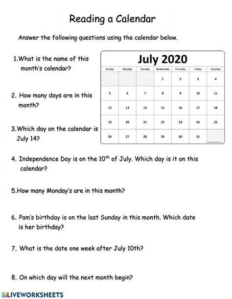 Reading A Calendar Worksheet Calendar Worksheets 1st Grade