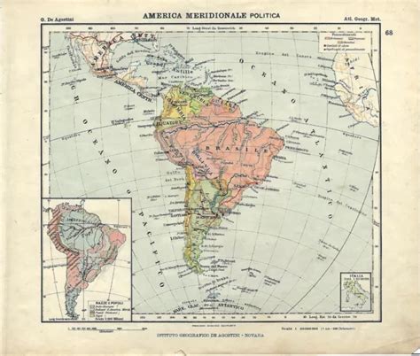 CARTA GEOGRAFICA ANTICA AMERICA MERIDIONALE Pre GRANDE GUERRA 1914