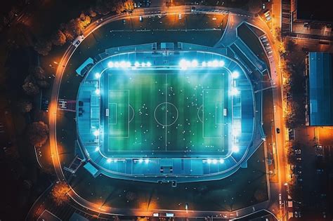 Premium Photo | Aerial view of the football stadium Football training in the illuminated stadium ...