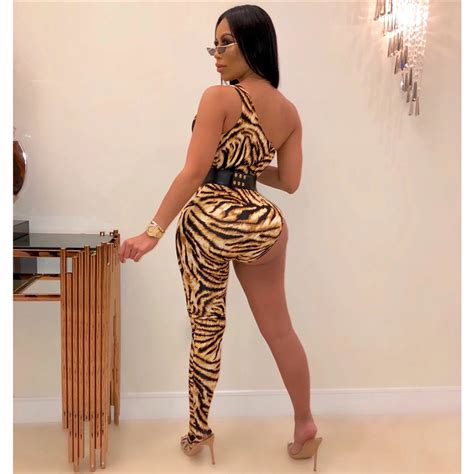 Queenline Leopard One Legged Bodycon Jumpsuit Rompers Women One