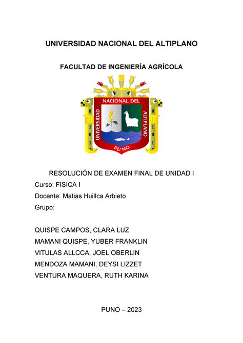 Resolucion DE Examen Fisica 1 UNAP UNIVERSIDAD NACIONAL DEL