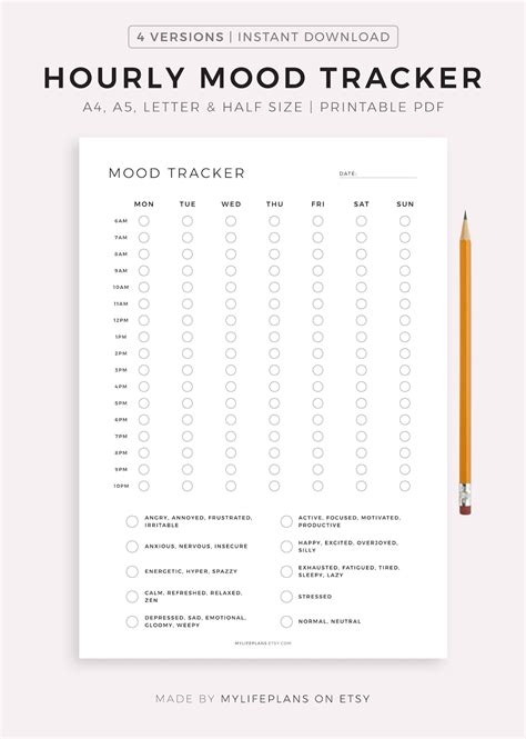 Hourly Mood Tracker Printable Weekly Mood Journal Emotion Tracker