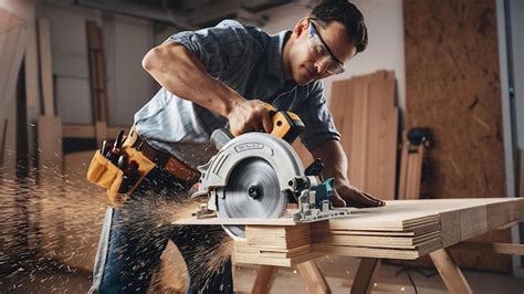 Premium Photo Carpenter Using Circular Saw For Cutting Wooden Boards