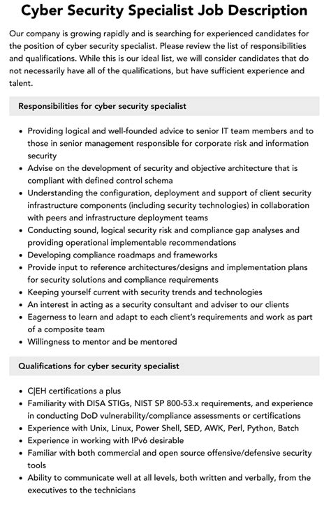 Cyber Security Specialist Job Description Velvet Jobs