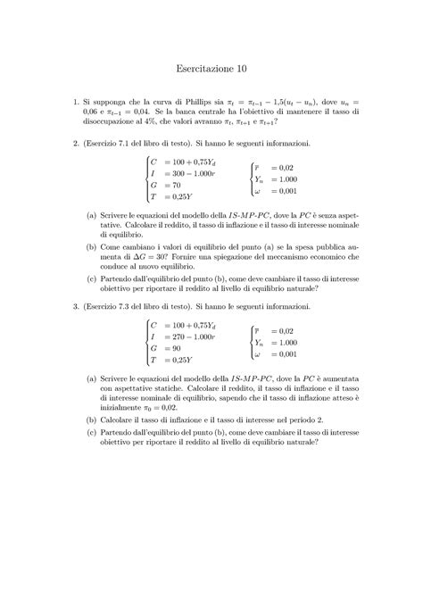 Esercitazione 10 Esercizi Di Macro Esercitazione 10 Si Supponga Che