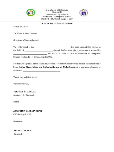 Letter Of Commendation Template Pdf