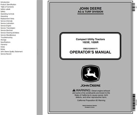 John Deere Compact Utility Tractors 1023e 1026r Operators Manual