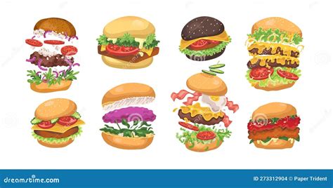 Burgers Set American Fast Food Buns With Different Fillings Stock