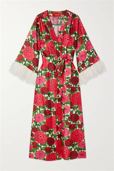 La Doublej Boudoir Belted Feather Trimmed Floral Print Silk Twill Maxi