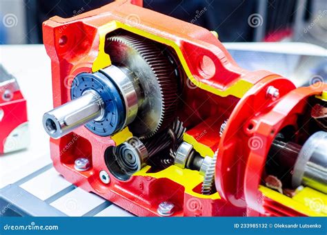 Close Up Of Cross Section Helical Gearbox With Motor Stock Photo