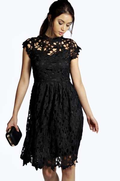 Ife Woven Crochet Lace High Neck Skater Dress At Long Sleeve