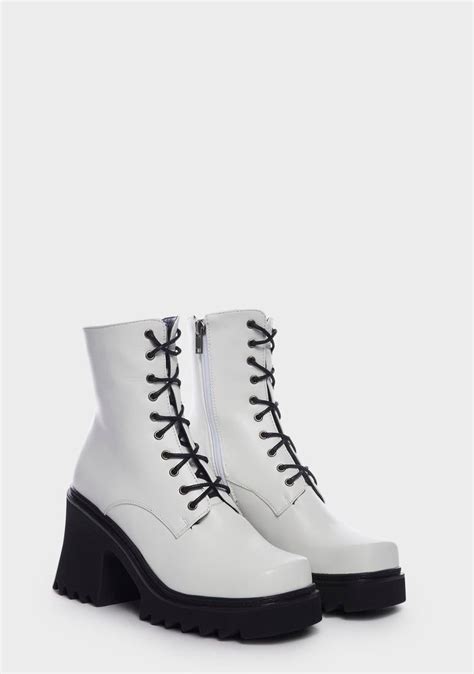 Lamoda Vegan Leather Lace Up Zipper Boots White Black And White