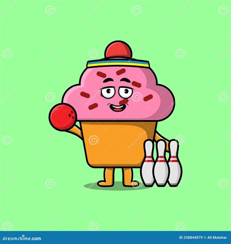 Cute Cartoon Cupcake Character Playing Bowling Stock Vector