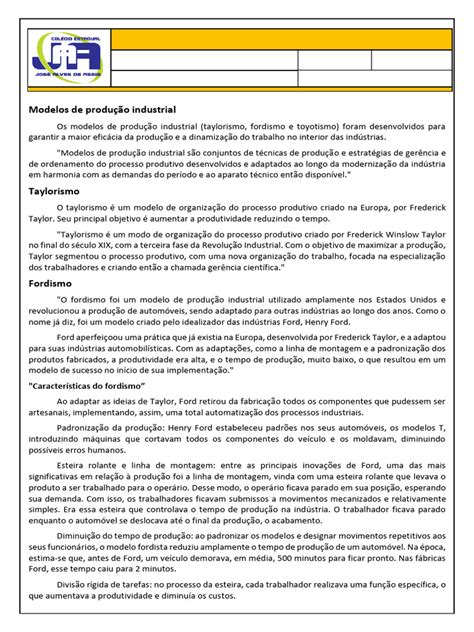 Modelos De Producao Industrial - Modelos de Produção Industrial: Taylorismo, Fordismo e Toyotismo | PDF ...