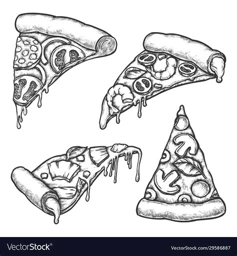 Set Isolated Pizza Slice Sketch Pizzeria Vector Image