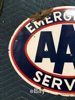 Original Vintage Aaa Emergency Service Sign Porcelain 2 Sided Gas Oil