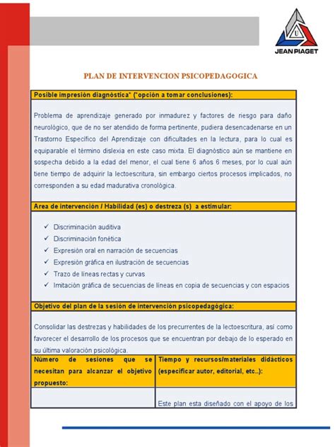 Plan De Intervencion Psicopedagogica Pdf Aprendizaje Evaluación