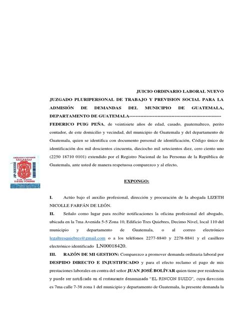 Demanda Ordinaria Laboral Por Despido Directo E Injustificado Y Reclamo De Ajuste Salarial