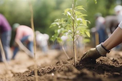 Person Planting Trees Or Working In Community Garden Closeup On Plant