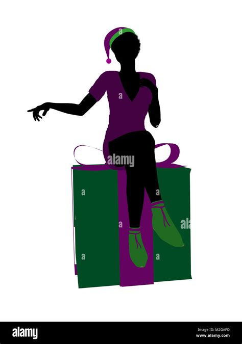 African American Christmas Elf Sitting On A Gift Box Illustration