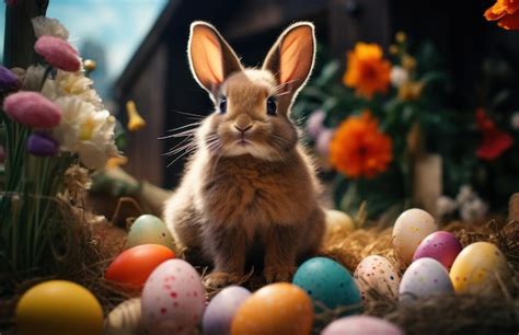 Ein süßer hase liegt auf grünem gras mit bunten ostereiern im