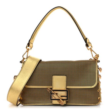 Fendi X Versace Metallic Nappa Perforated Fendace Brooch Baguette Gold