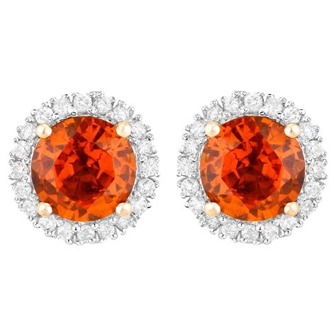 Spessartine Garnet Stud Earrings Diamond Halo 250 Carats 14k Yellow