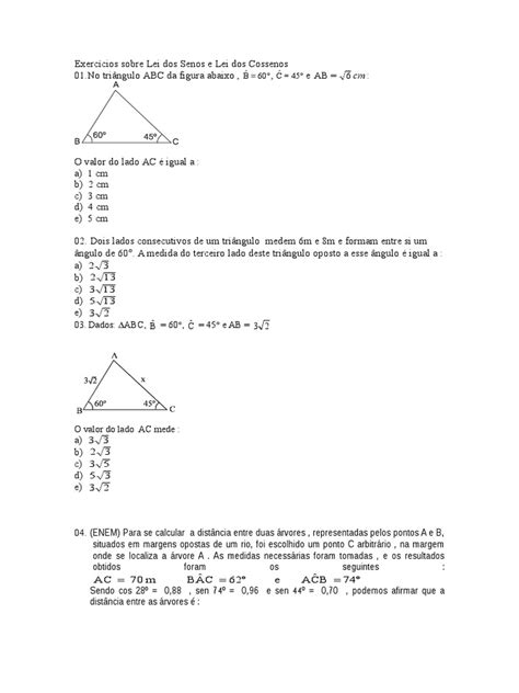 PDF Exercícios Sobre Lei Dos Senos e Lei Dos Cossenos DOKUMEN TIPS