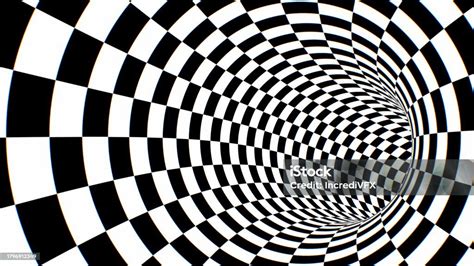 Inside Black And White Circular Checkerboard Optical Illusion Tunnel